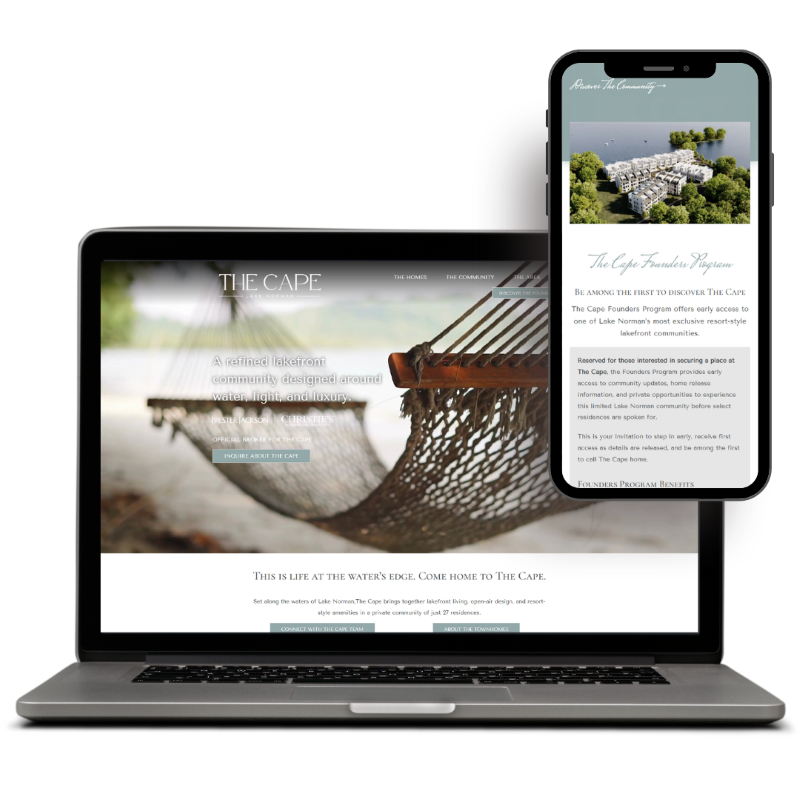 The Cape Lake Norman Laptop and smartphone displaying a website design for The Cape, a refined lakefront community. Laptop shows a hammock, phone highlights aerial view.