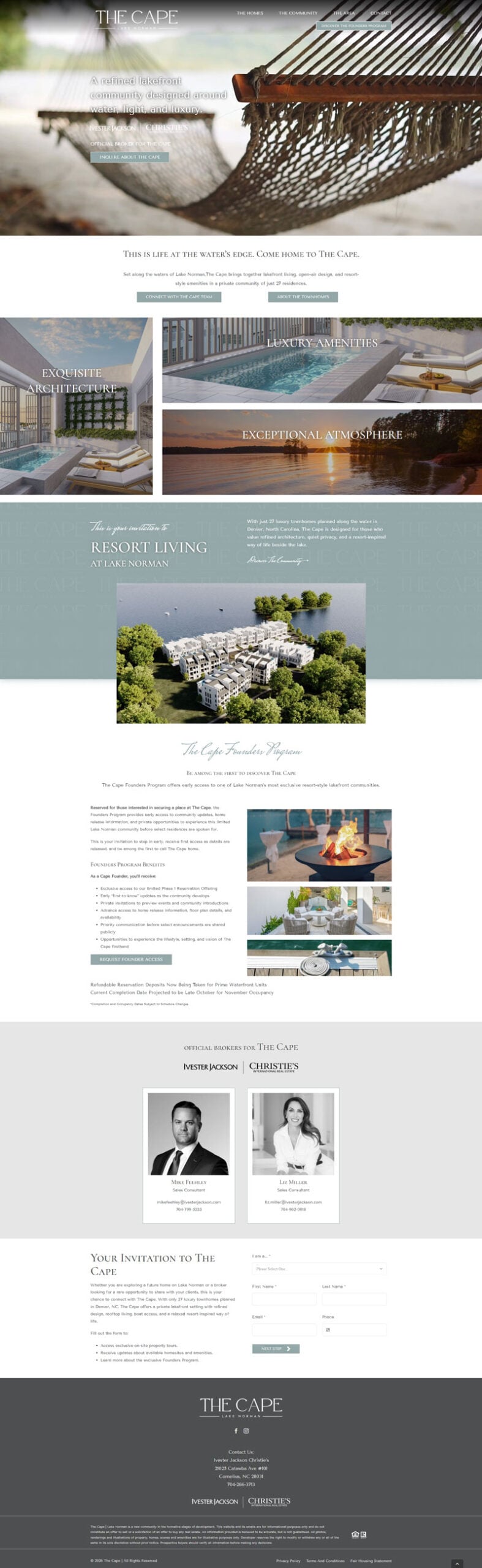 thecape-homepage-web Lakefront community website design with luxury amenities, resort atmosphere, and architectural visuals, promoting townhome living at The Cape, Lake No