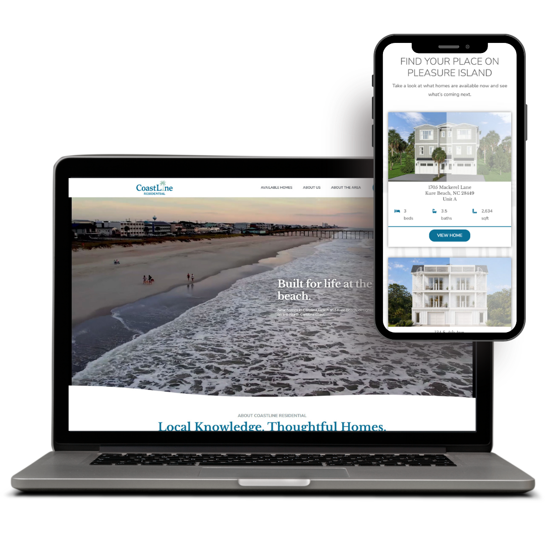 Coastline Residential (coastlineresidential.com) Laptop and phone displaying a real estate website design featuring beach properties and housing details.