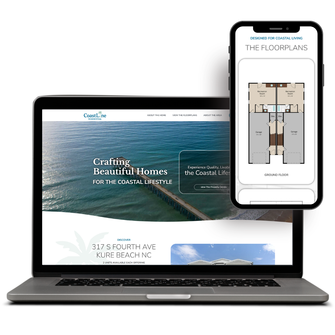 Coastline Residential (coastlineresidential.com) Laptop and smartphone displaying a coastal lifestyle website design with pier view and floor plans.