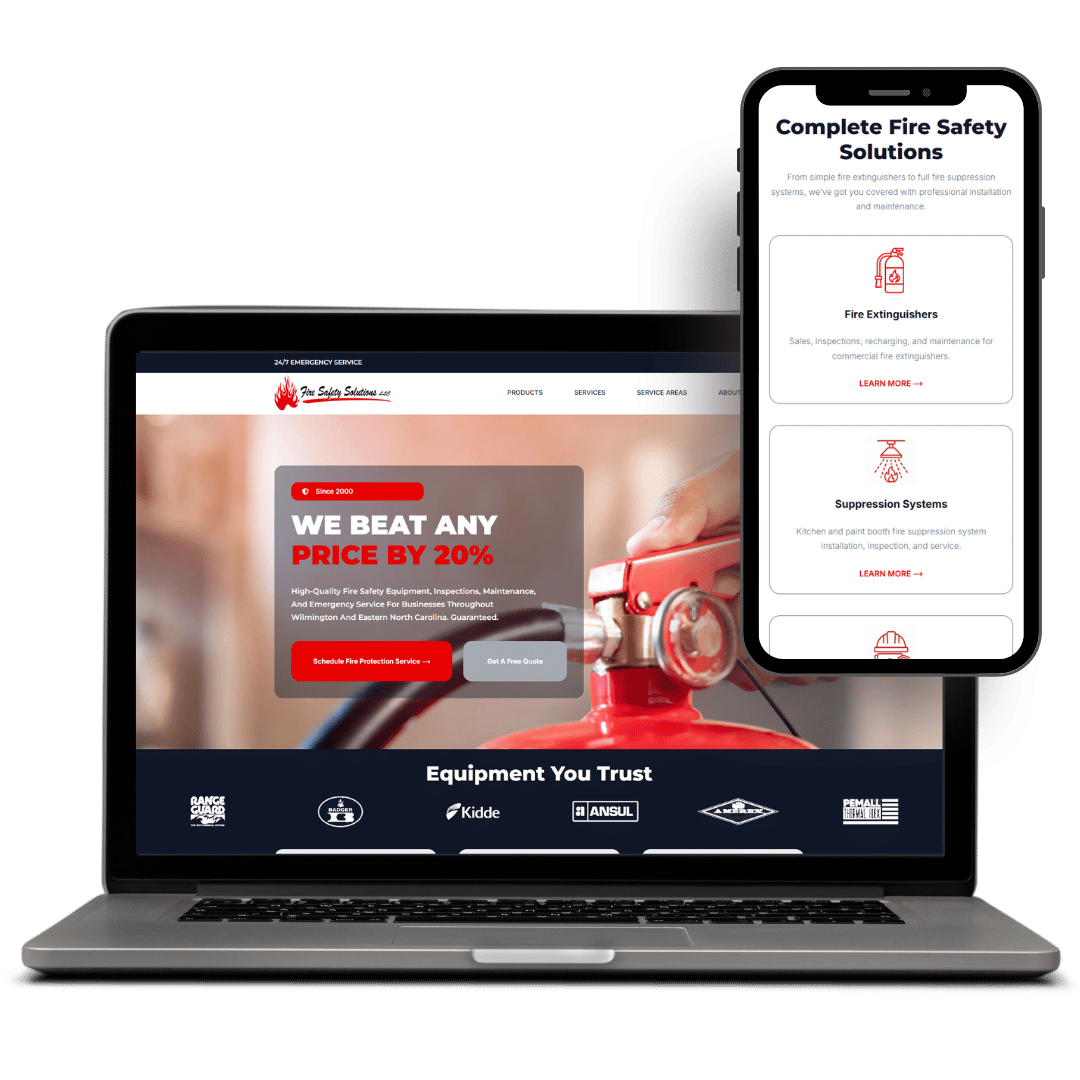 Fire Safety Solutions (ncfiresafety.com) Laptop and smartphone display fire safety solutions website design featuring promotional offer, services, and product categories.