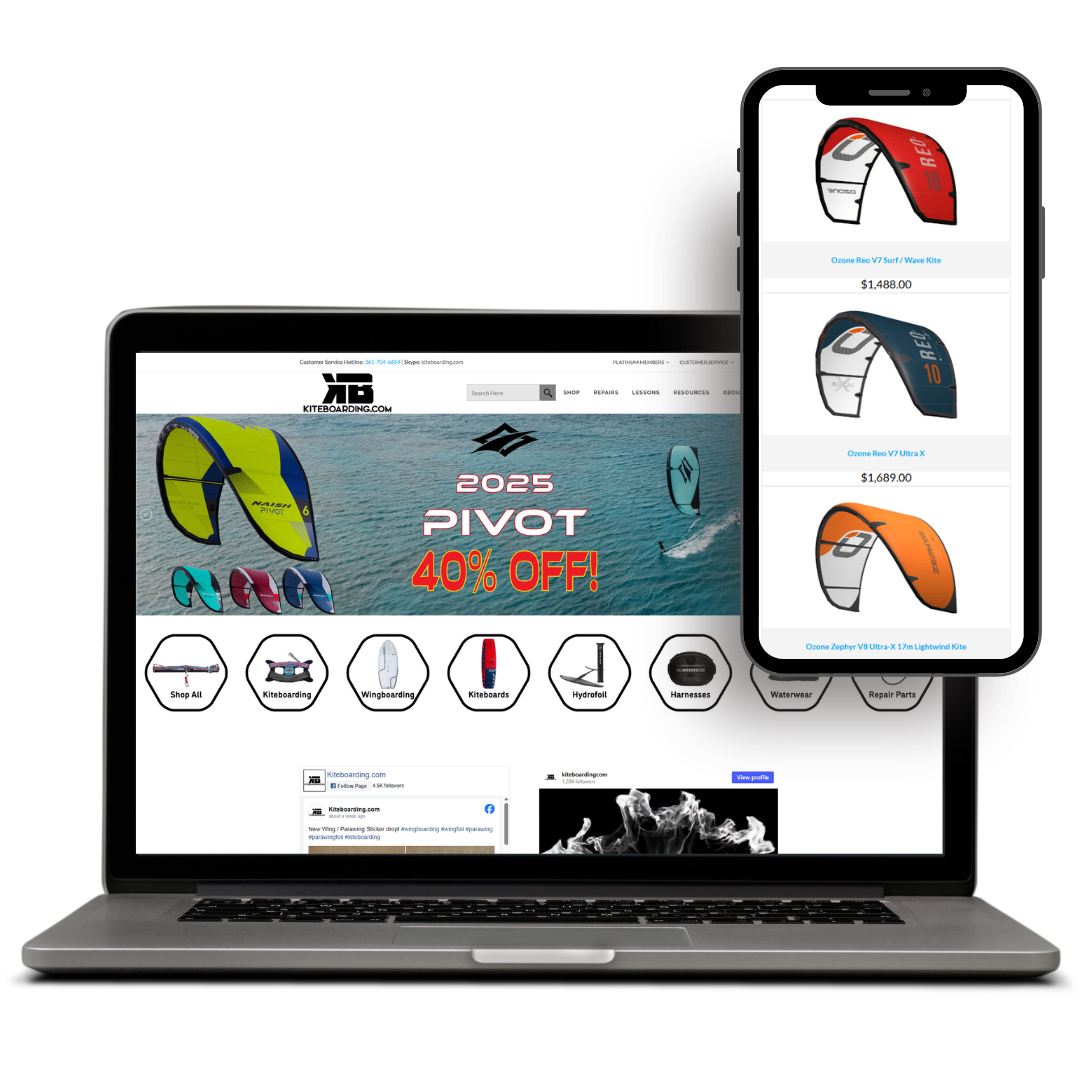 Kite Boarding (kiteboarding.com) Laptop and smartphone display responsive website design for kiteboarding gear with promotion for 2025 Pivot kites, offering 40% discount.