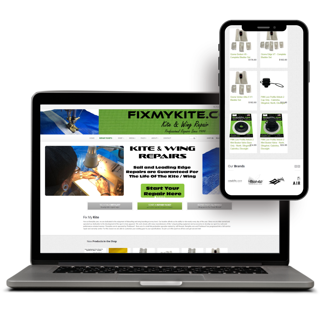 Laptop and smartphone displaying a kite and wing repair website design, showcasing repair services and products.