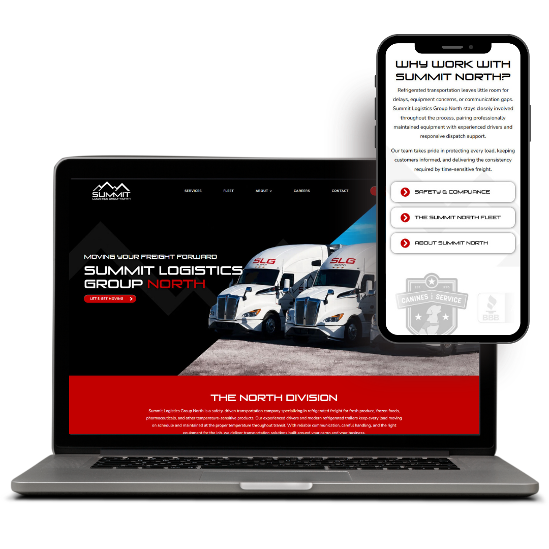Summit Logistics Group North (slgnorth.com) Laptop and smartphone display Summit Logistics Group North's website design, featuring trucks and company information.