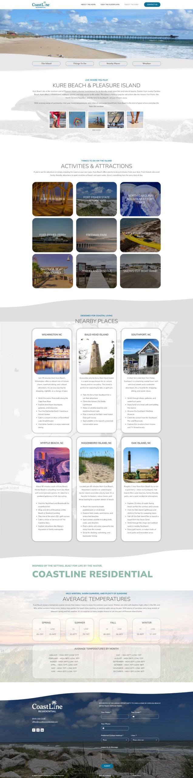 screencapture-coastlineresidential-about-the-area-edited Coastline Residential website design showcasing beach activities, attractions, nearby places, and average temperatures for coastal living enthusiasts.