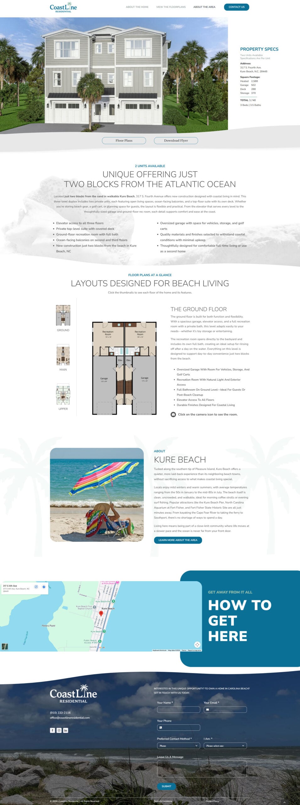 screencapture-coastlineresidential-about-the-home-edited Beach-style residential website design showcasing properties, floor plans, and lifestyle images with contact and location details at coastal Kure Beac