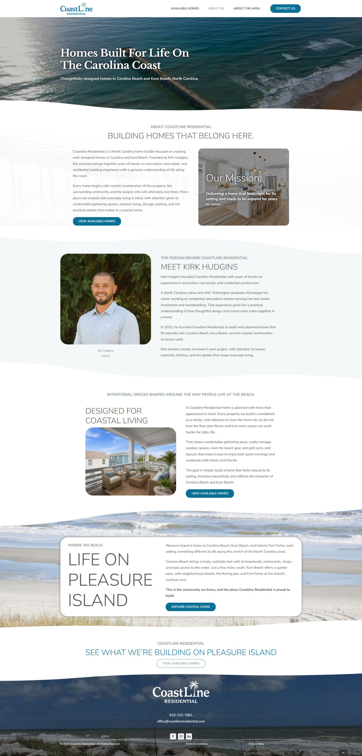 screencapture-coastlineresidential-about-us-WEB Coastline Residential website design features coastal homes in Carolina Beach and Kure Beach, highlighting thoughtful construction and community focus