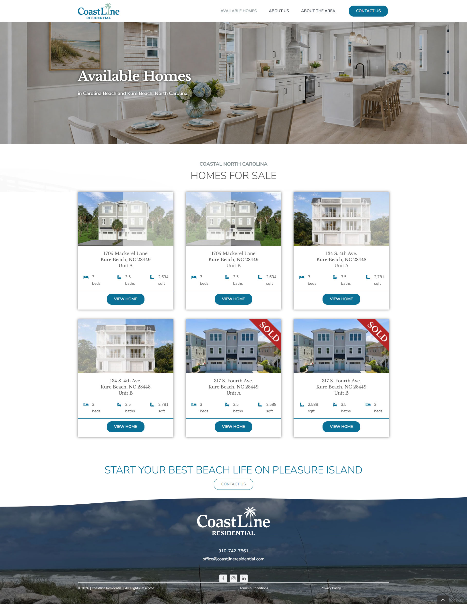 screencapture-coastlineresidential-available-homes-WEB Real estate website design showcasing available homes in Carolina Beach and Kure Beach with property details and contact information.