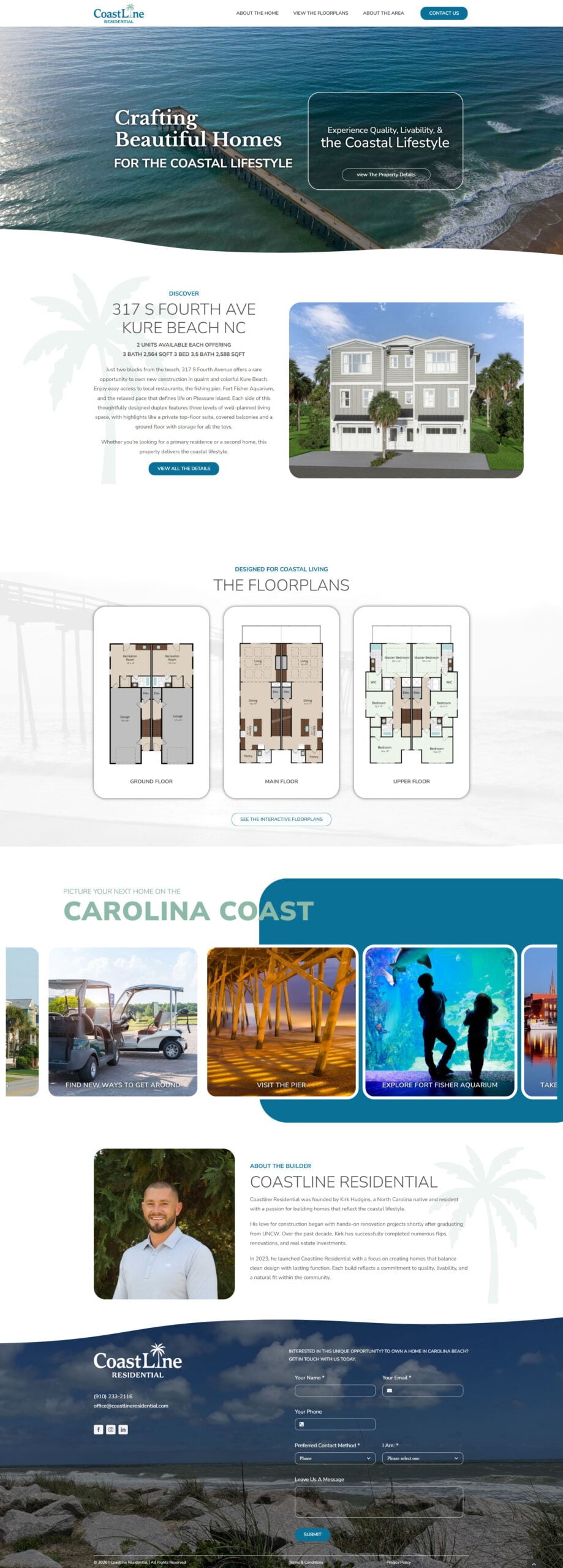 screencapture-coastlineresidential-edited Coastal-themed website design for Coast Line Residential showcasing home details, floor plans, and local attractions with a contact form at the bottom