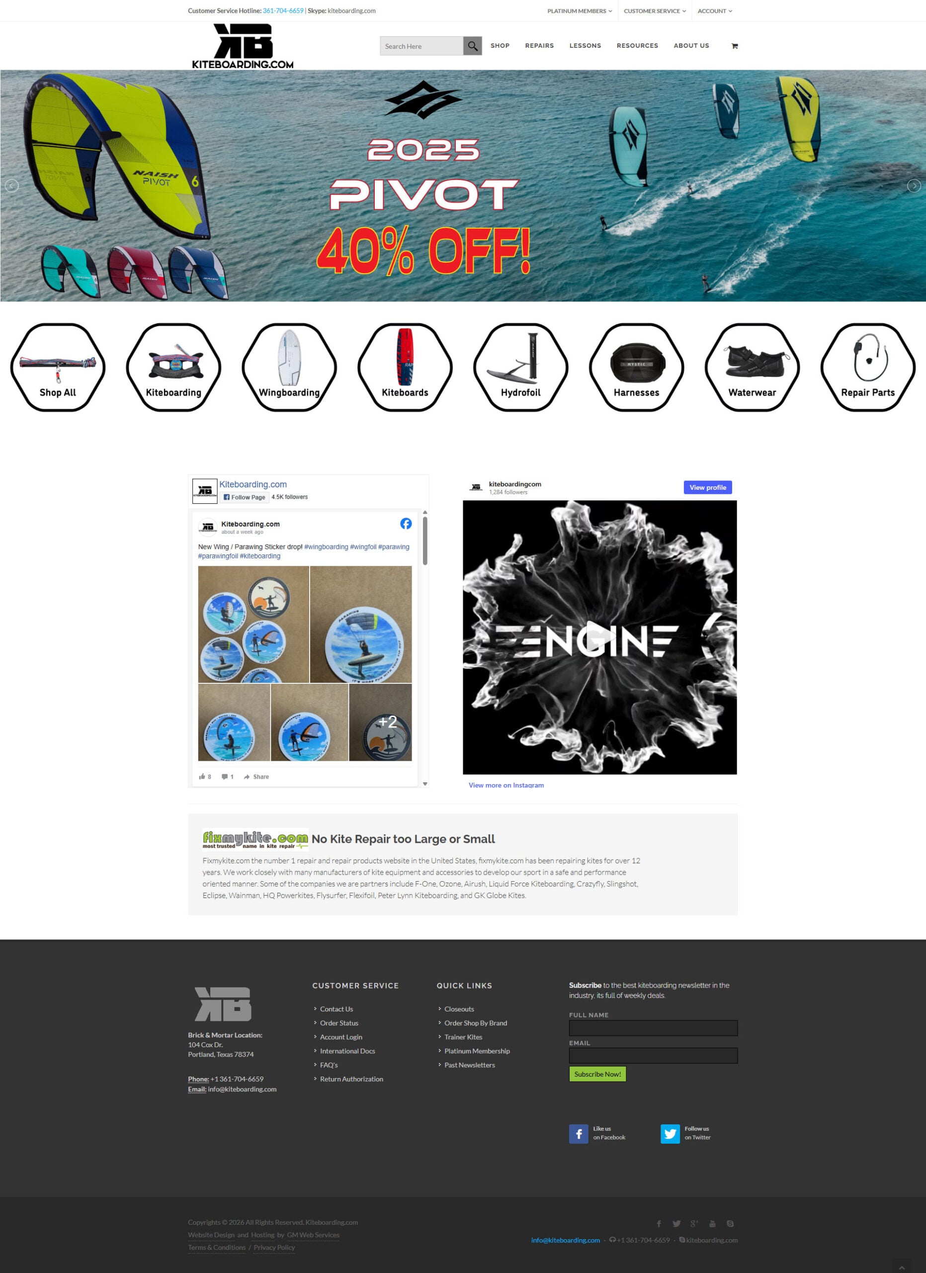 screencapture-kiteboarding-edited Kiteboarding website design featuring 2025 Pivot kites, 40% off, product icons, and social media posts on repairs and brands.