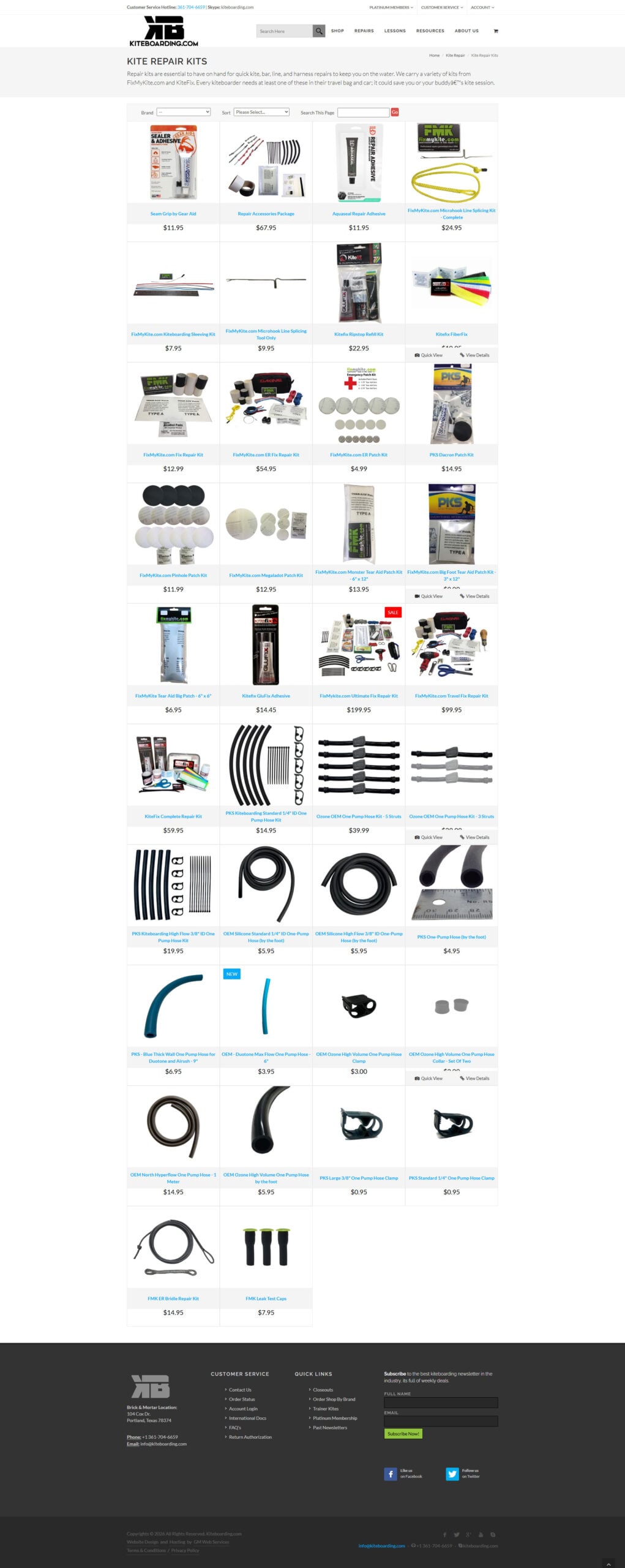 screencapture-kiteboarding-products-asp-edited Kiteboarding website design displaying various kite repair kits and accessories, each with images, descriptions, and prices.