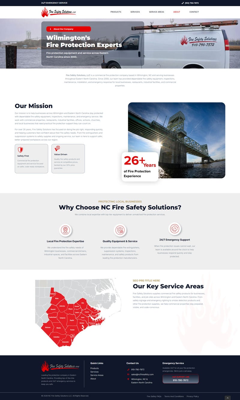 screencapture-ncfiresafety-about-us Website design for Wilmington's Fire Protection Experts, highlighting services, mission, and coverage map in Eastern North Carolina.