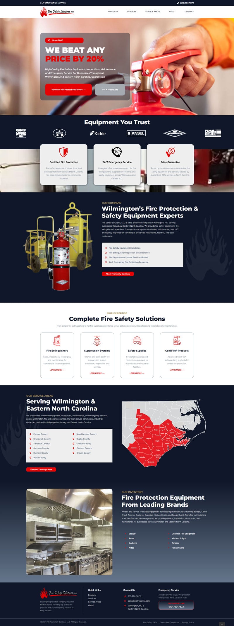 screencapture-ncfiresafety-homepage Fire Safety Solutions website design showcasing equipment, services, testimonials, and contact info for fire safety in Eastern North Carolina.