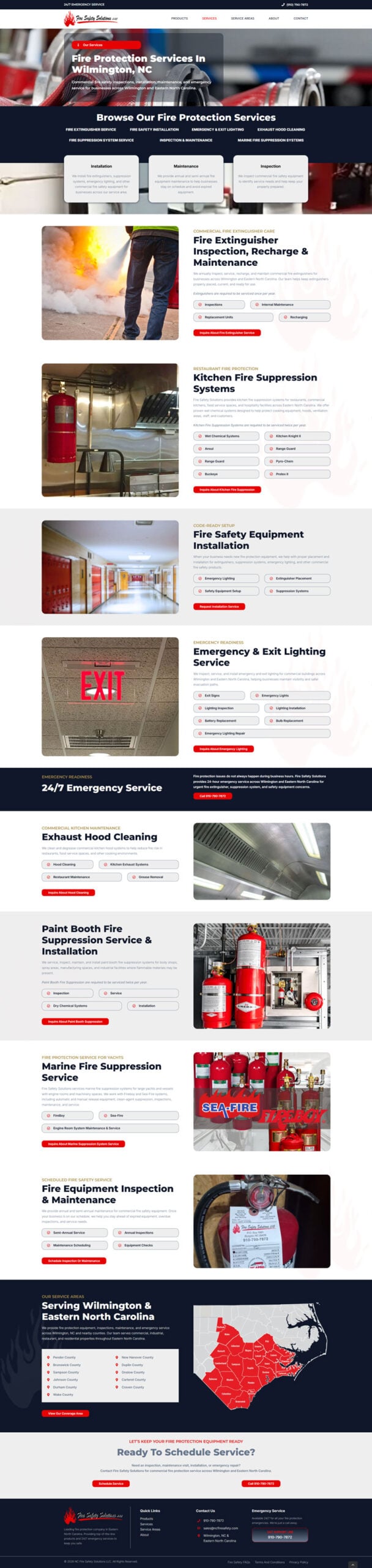 screencapture-ncfiresafety-services Fire protection services website design showcasing installation, maintenance, inspection, and emergency services in Wilmington, NC.