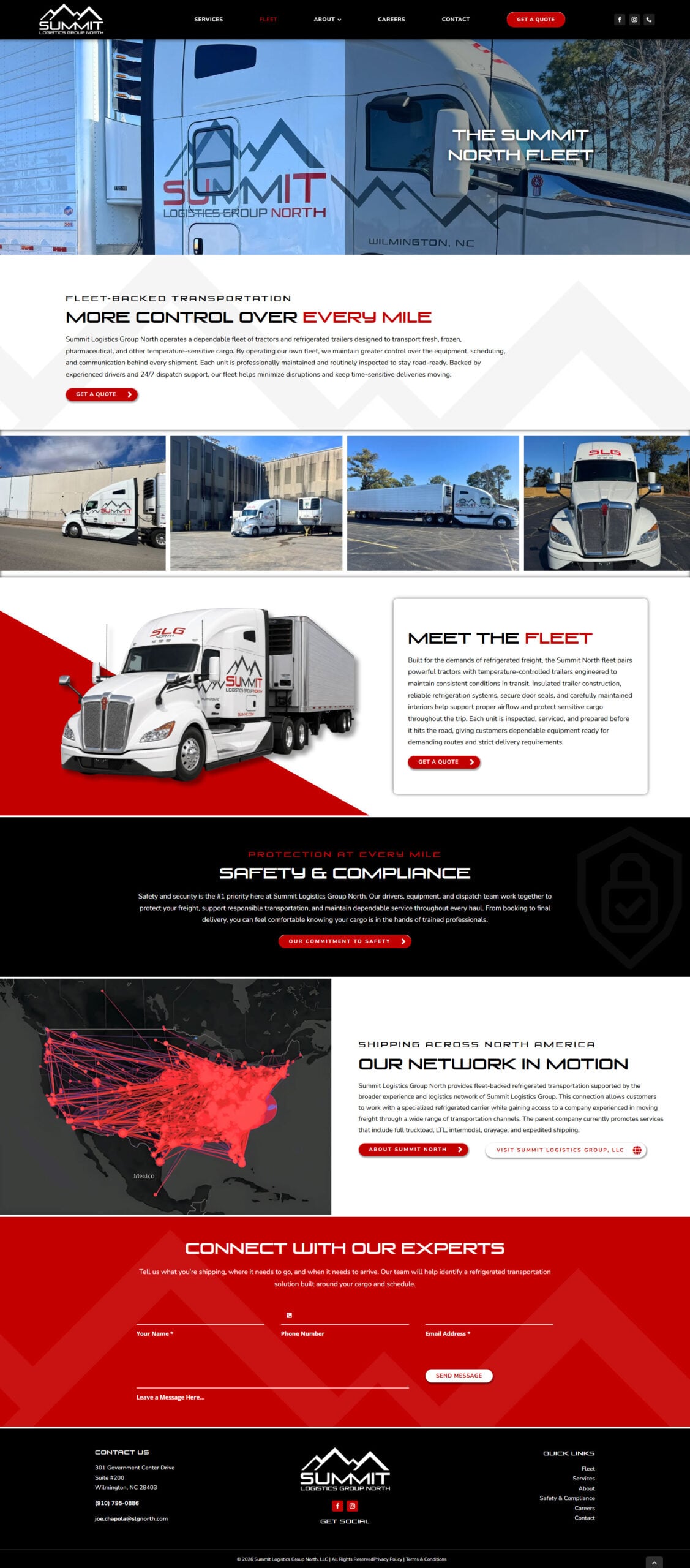 screencapture-slgnorth-fleet- Transportation company website design highlighting fleet services, safety measures, and a continental network, with contact form and company info.