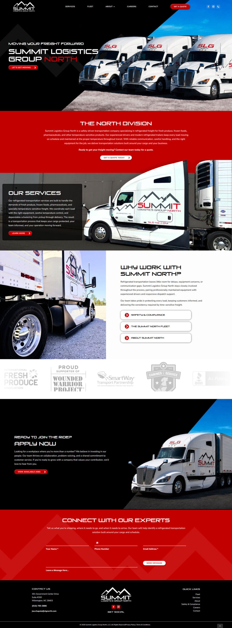 screencapture-slgnorth-homepage Summit Logistics Group North website design featuring trucks, service descriptions, and contact form for refrigerated transportation solutions.