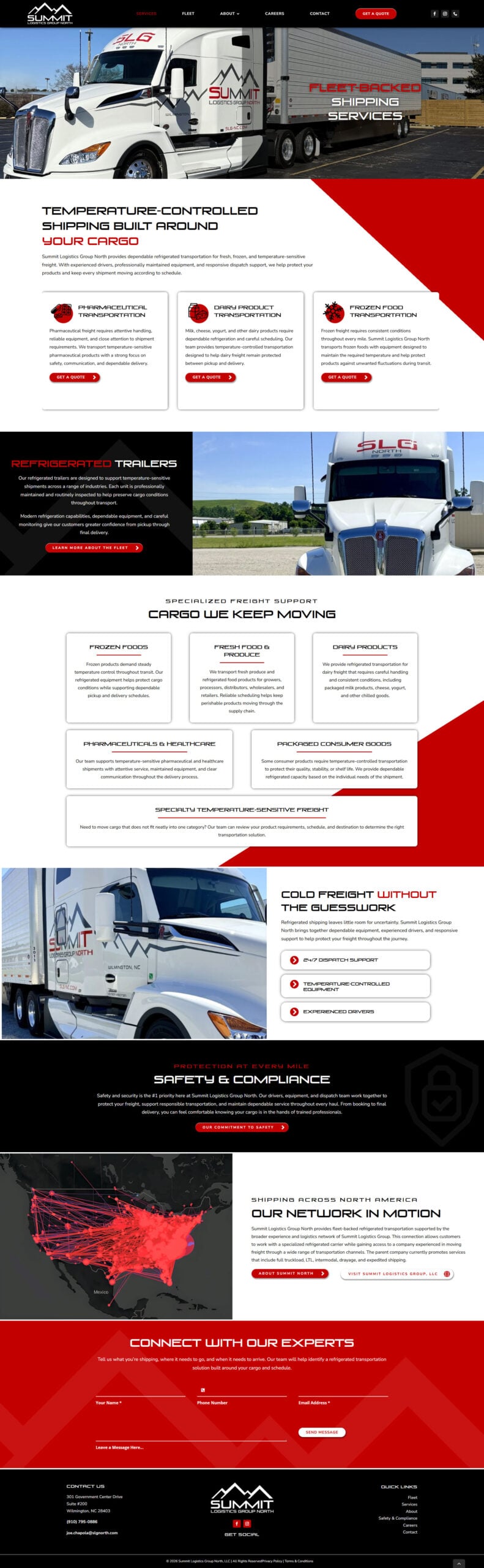 screencapture-slgnorth-services Summit Logistics website design features refrigerated transport services, fleet details, safety compliance, and a contact form for expert consultation