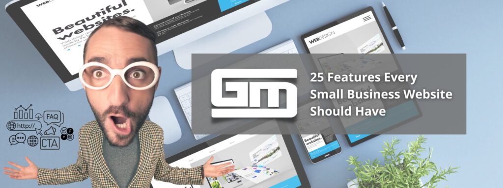 Animated man with wide eyes and open mouth next to text, "25 Features Every Small Business Website Should Have," with website design tools.