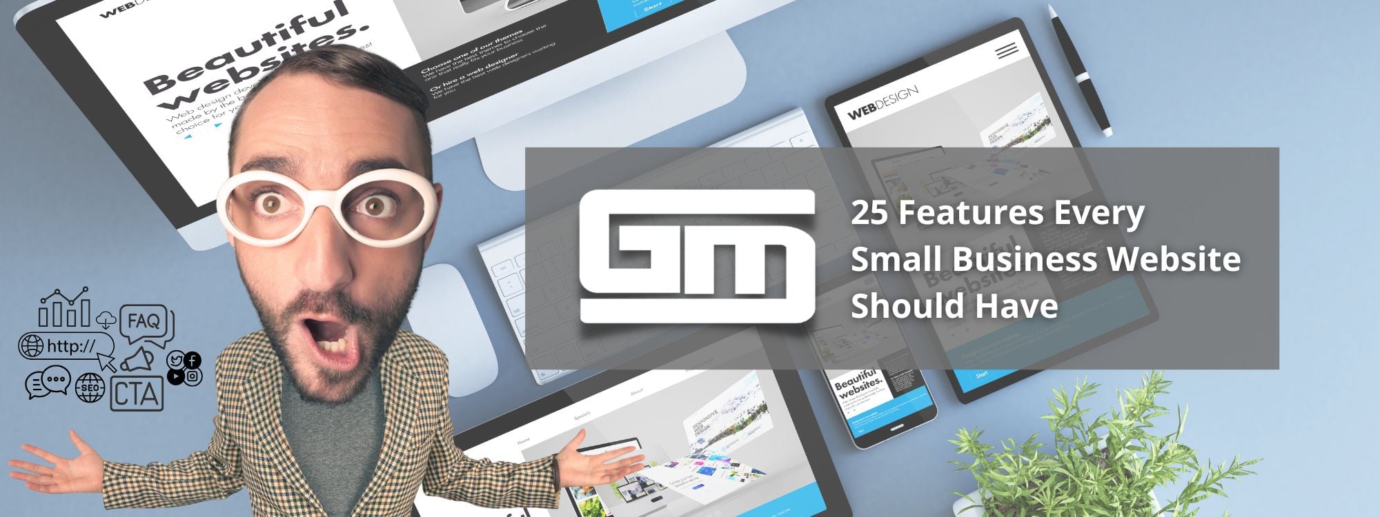 Animated man with wide eyes and open mouth next to text, "25 Features Every Small Business Website Should Have," with website design tools.