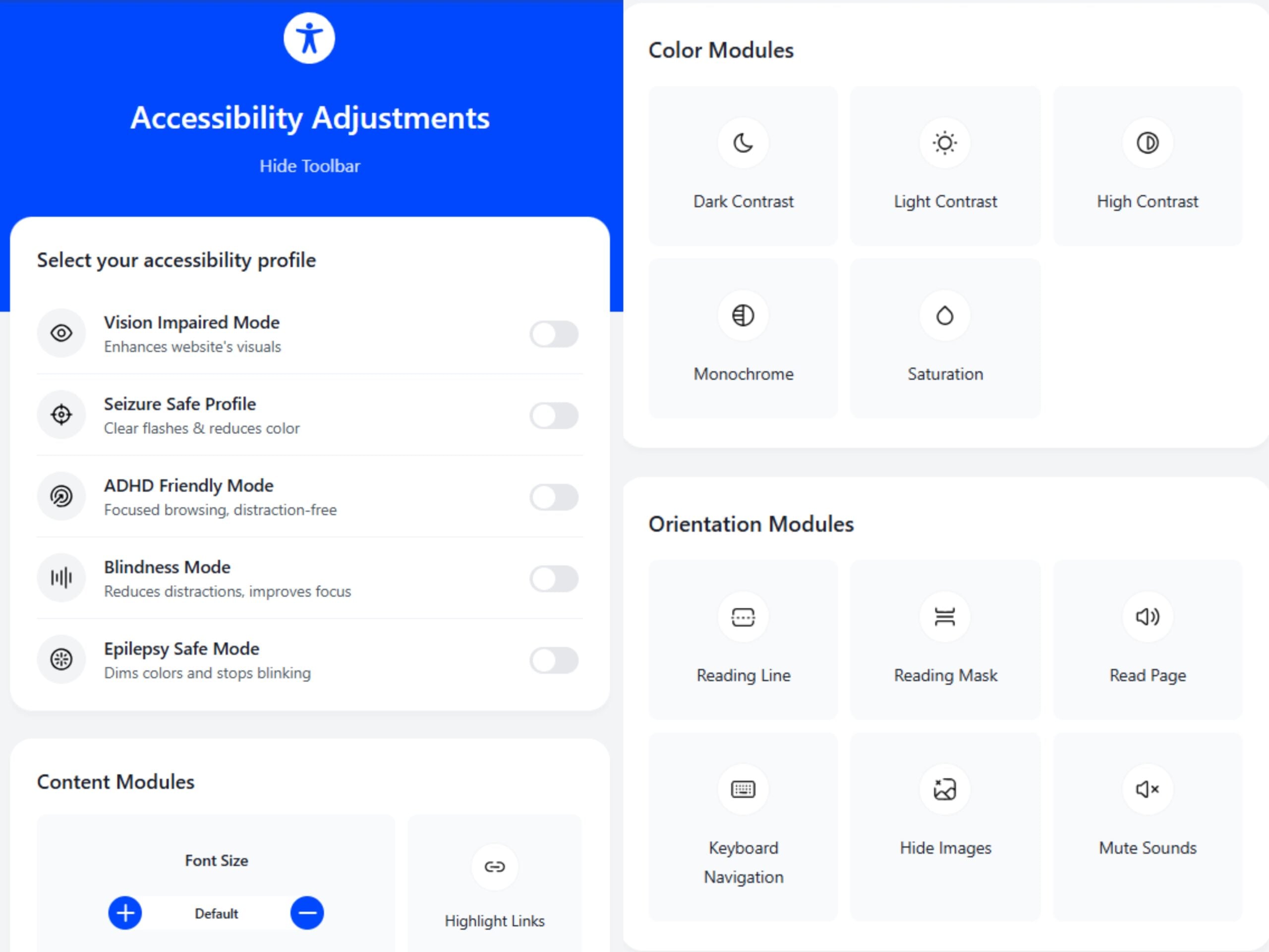 Accessibility toolbar with modes for vision impaired, seizure safe, ADHD, blindness, and epilepsy. Features color, content, and orientation modules fo