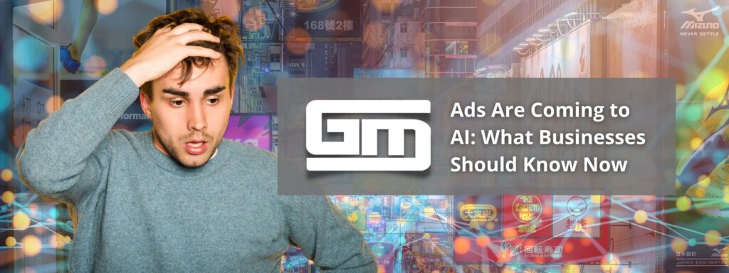 Man looking concerned, city lights behind. Text: "Ads Are Coming to AI: What Businesses Should Know Now." Website design theme.