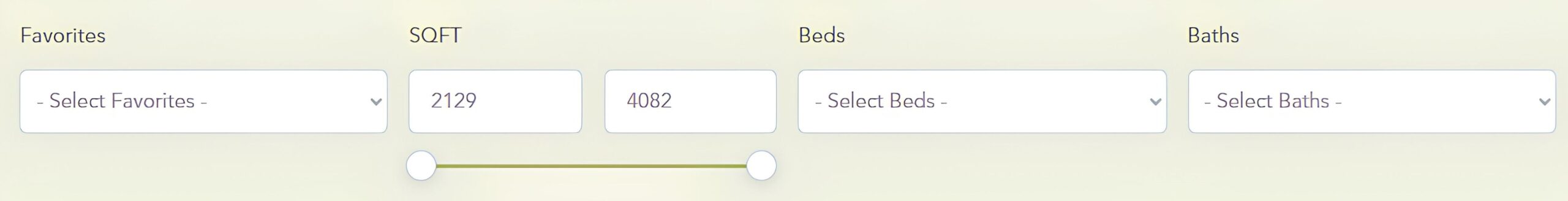 Search filters include dropdowns for favorites, beds, baths, and a square footage range slider from 2129 to 4082. Website design focus.