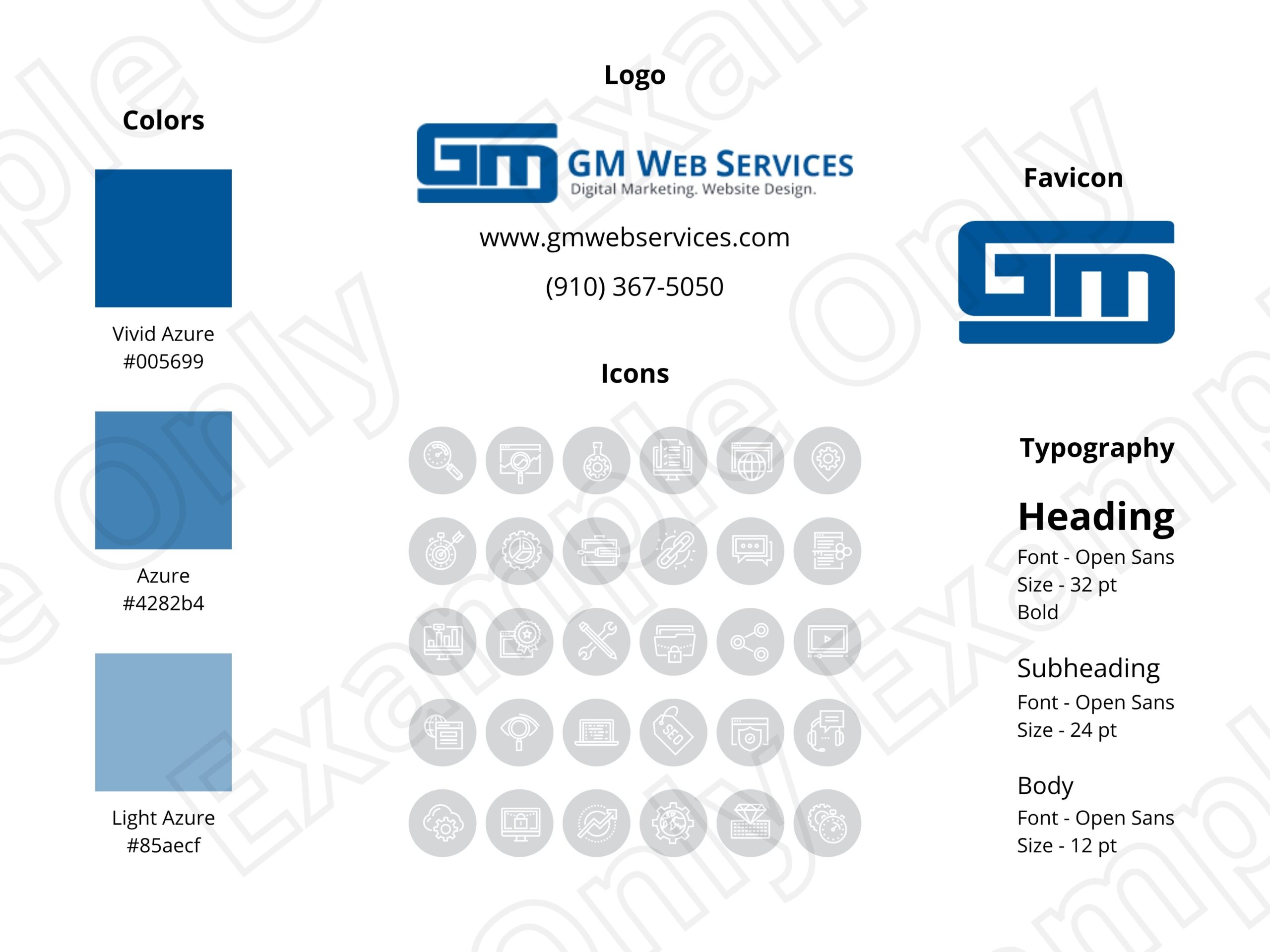 Color palette and logo for a website design company, featuring vivid azure, icons, and Open Sans typography guidelines for headings and text.