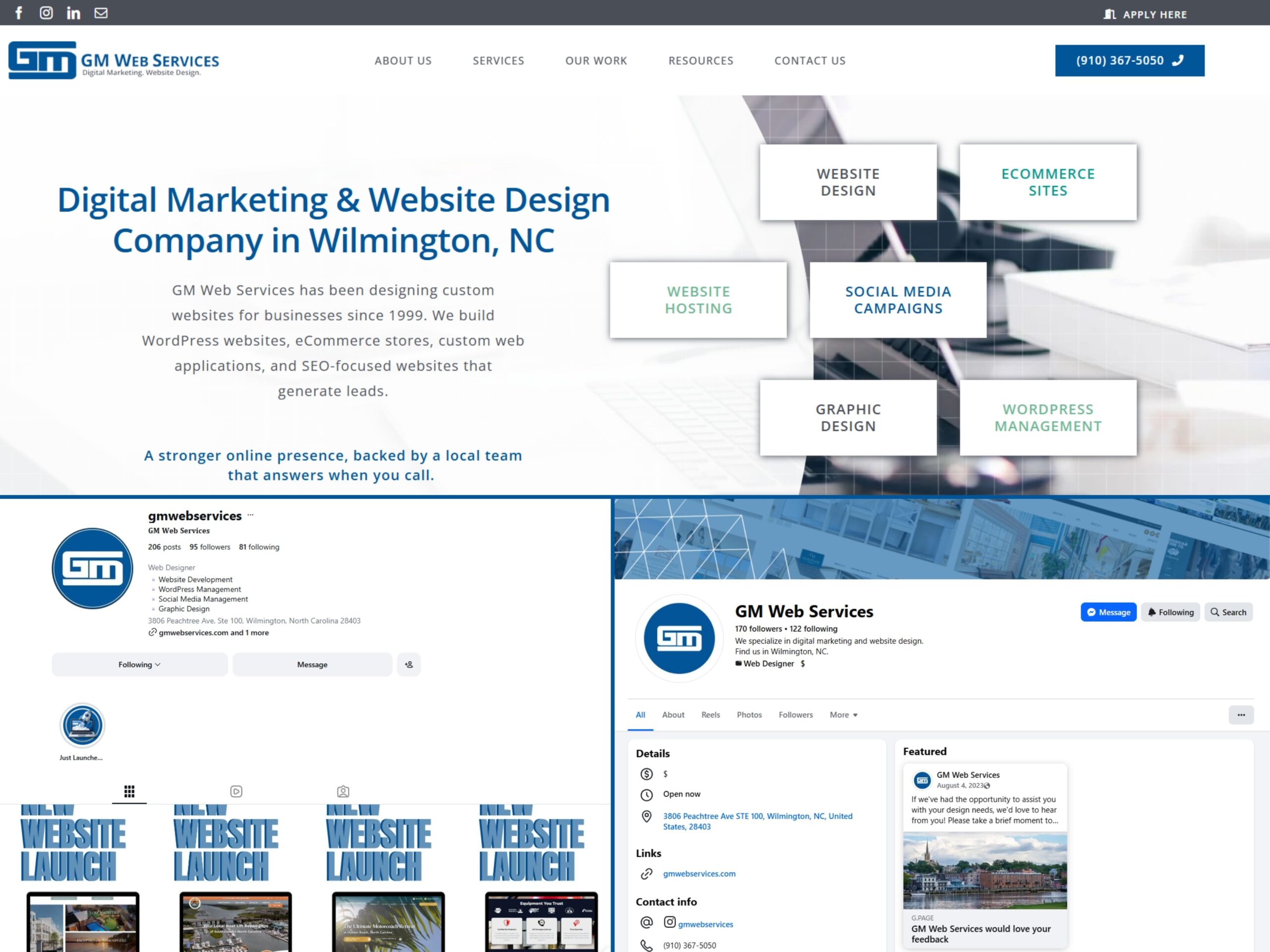 Brand consistency ex Digital marketing and website design company GM Web Services' homepage, showcasing services like WordPress design, SEO, and social media.