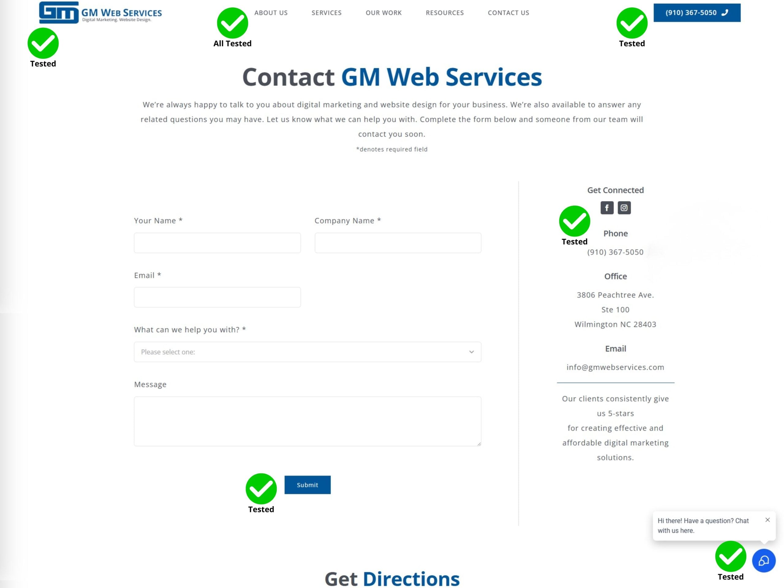 Contact form for GM Web Services featuring fields for name, email, and message. Includes website design and contact details with tested checkmarks.