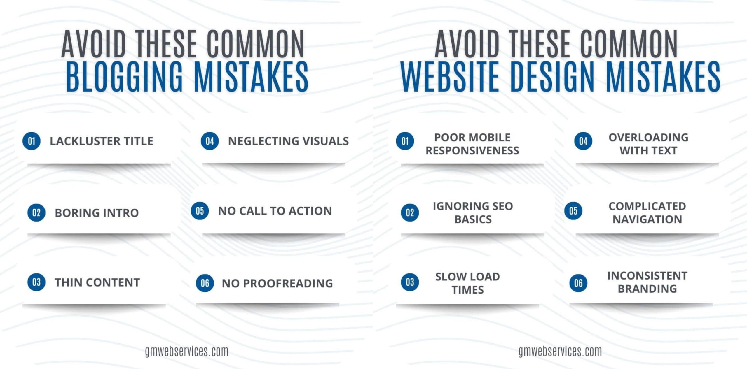 List of common blogging and website design mistakes, including lackluster titles, poor mobile responsiveness, neglecting visuals, and slow load times.