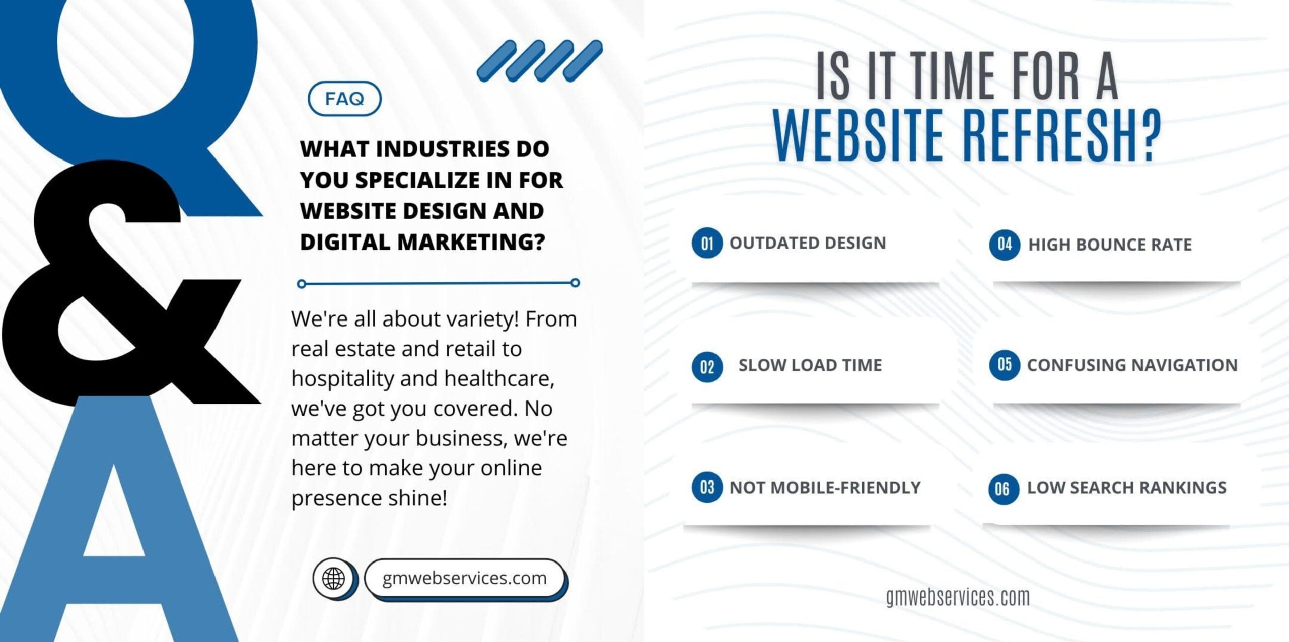 Q&A on website design and digital marketing for diverse industries, emphasizing the need for website refresh due to common issues.