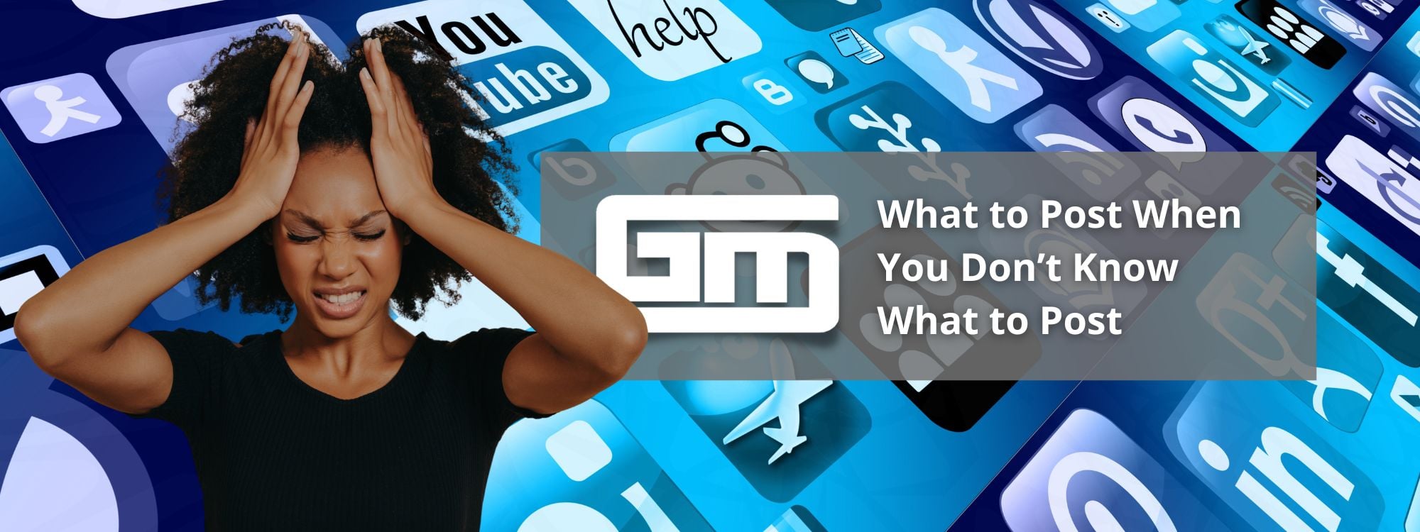 Frustrated person holding head, surrounded by app icons. Text reads: "What to Post When You Don’t Know What to Post." Promotes website design guidance