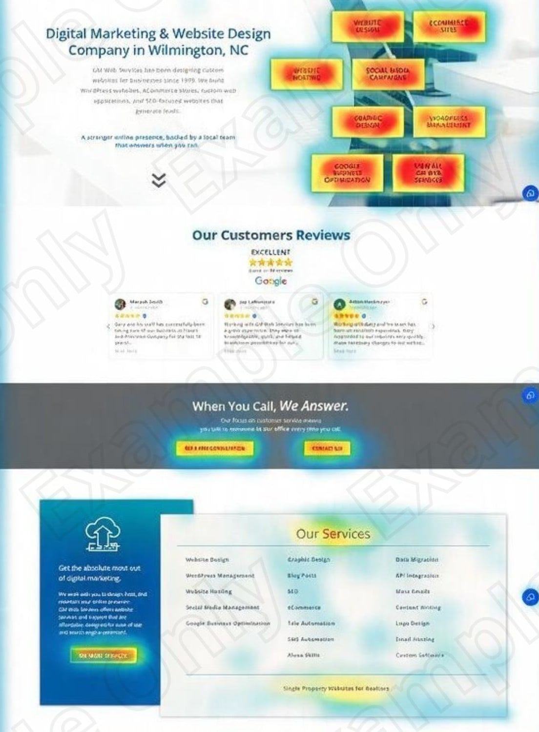 GM Wireframe example – 2 Heatmap of a digital marketing webpage with highlighted services like website design, customer reviews, and contact options.