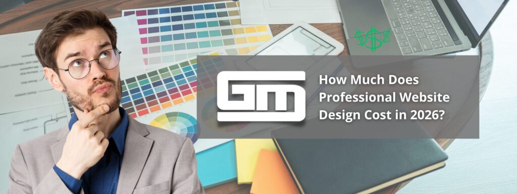 Man pondering website design costs in 2026, surrounded by color swatches and laptop.