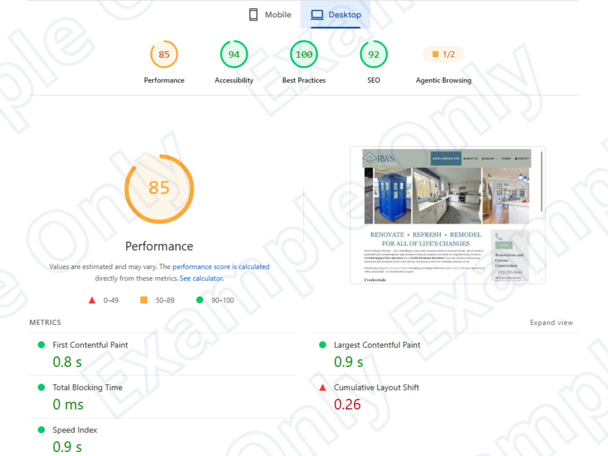 Performance report for desktop website design showing scores: performance 85, accessibility 94, best practices 100, SEO 92. Metrics detailed below.