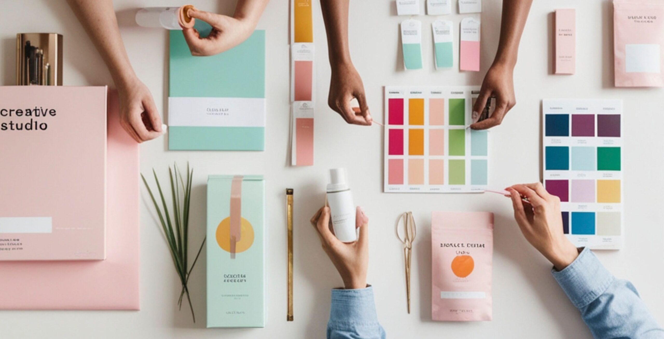 Creative studio workspace featuring colorful swatches, pastel stationery, and design tools, inspiring modern website design concepts.
