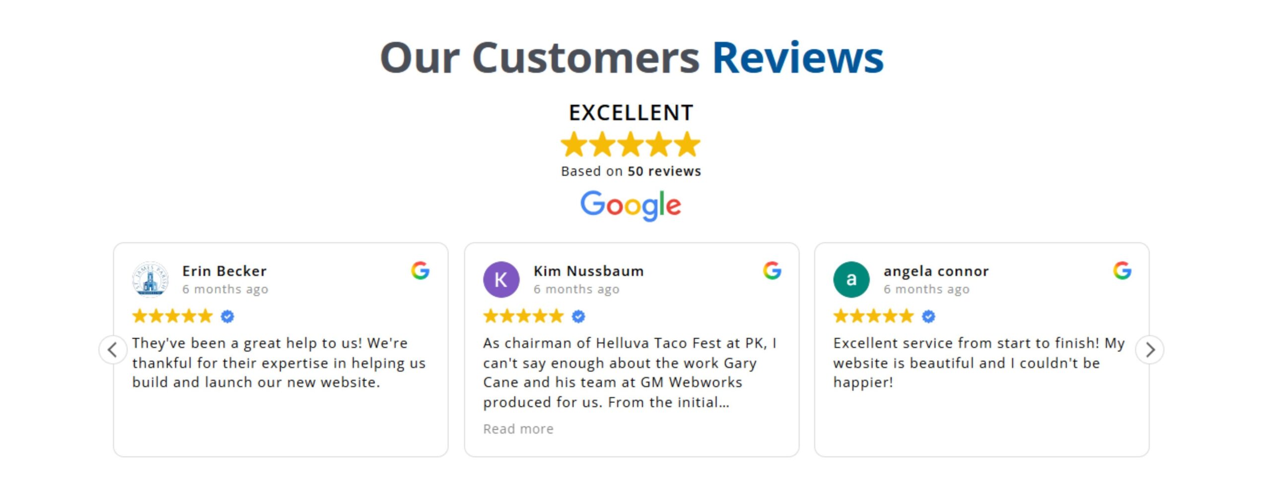 Customer reviews highlighting excellent service and expertise in website design, with a 5-star average based on 50 Google reviews.