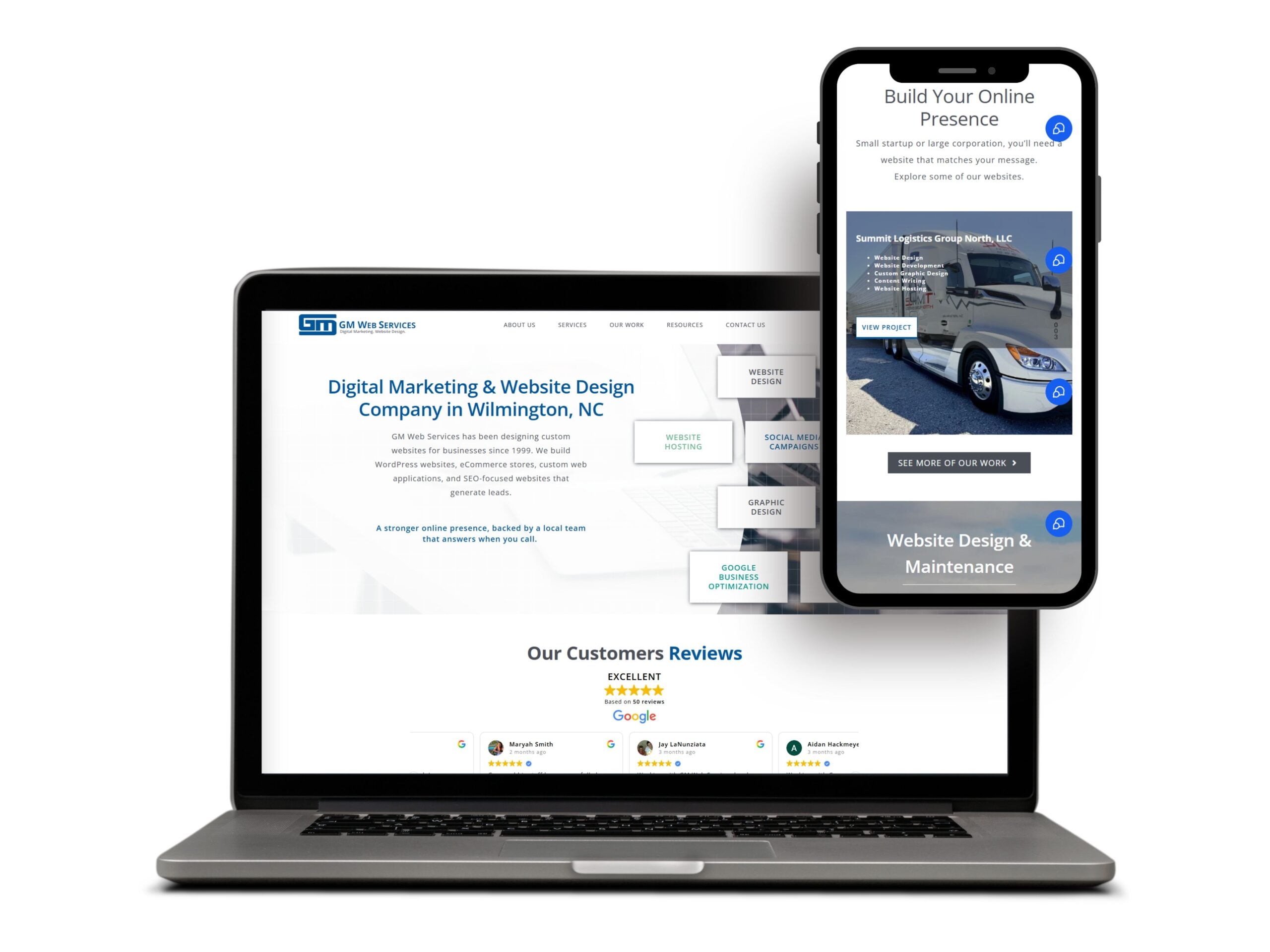 Laptop and smartphone displaying a digital marketing and website design service based in Wilmington, NC.