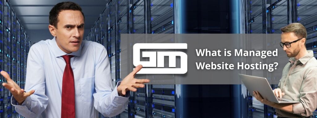 Person shrugging in a server room, another working on a laptop. Text: "What is Managed Website Hosting?"