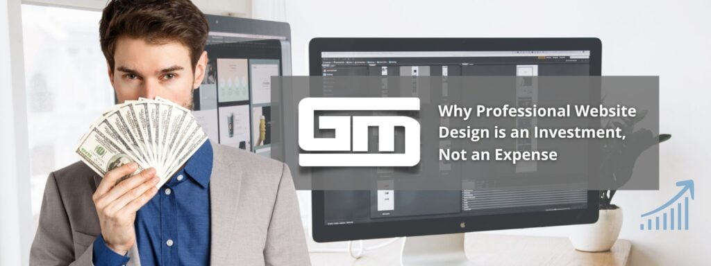 Man holding cash in front of website design software screens, highlighting the value of professional design as an investment, not an expense.