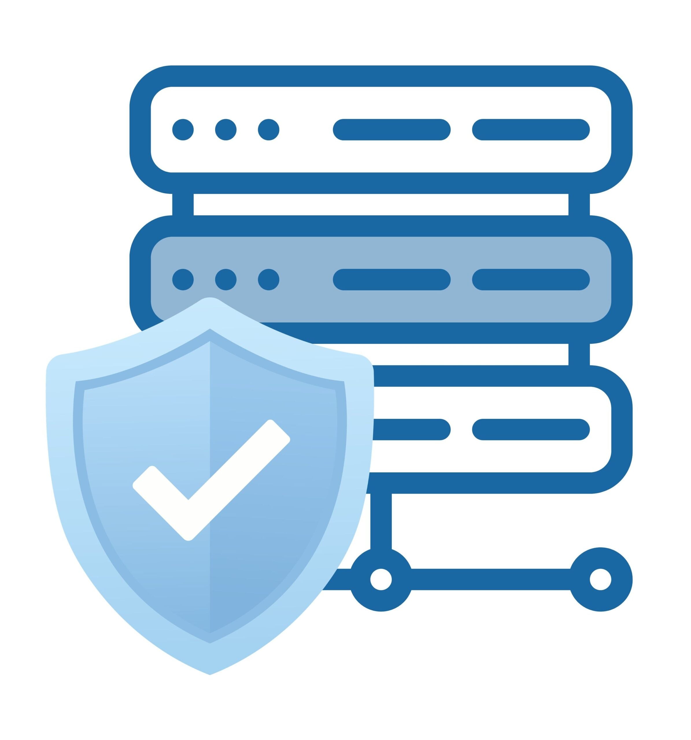 Stacked servers with a blue shield and checkmark symbolize secure website design.