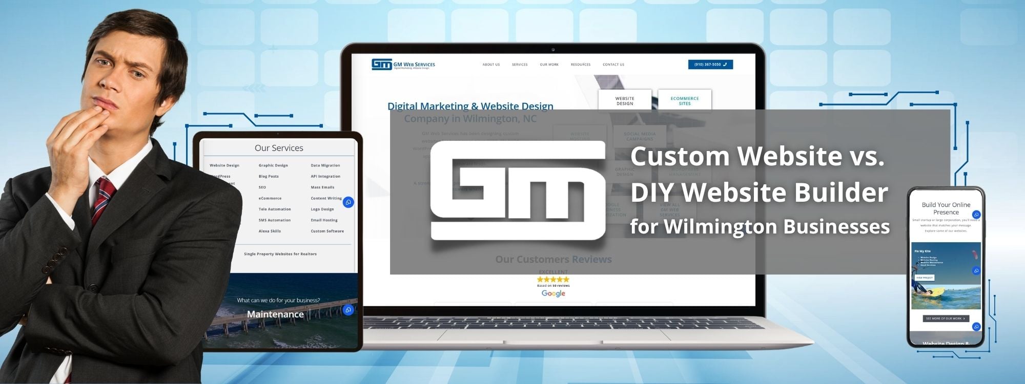 Man pondering, flanked by tablet and laptop showcasing website design services; text highlights custom vs. DIY website options for Wilmington business