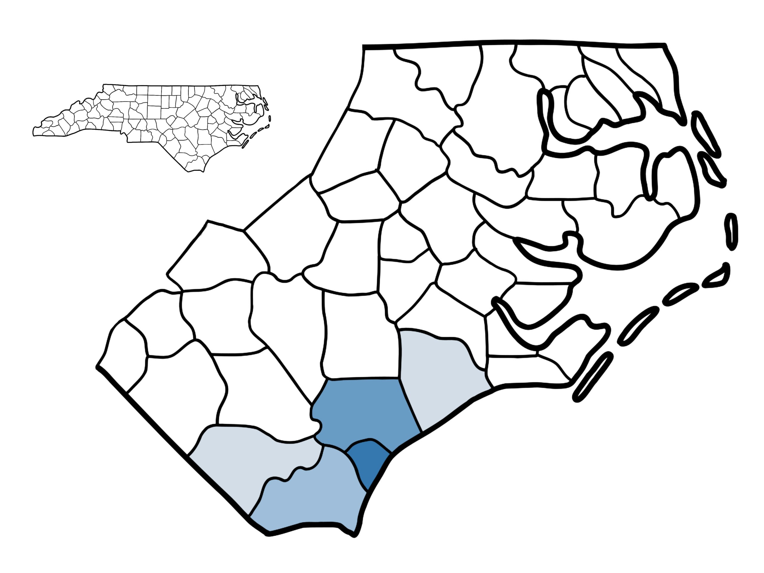 Map highlighting counties in southeastern North Carolina, useful for website design featuring geographical data visualization.