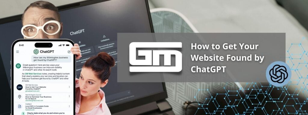 Smartphone screen displaying ChatGPT tips, emphasizing website design. Text box highlights "How to Get Your Website Found by ChatGPT."