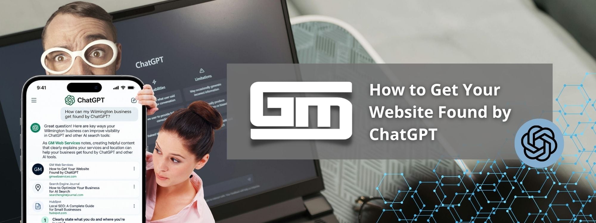 Smartphone screen displaying ChatGPT tips, emphasizing website design. Text box highlights "How to Get Your Website Found by ChatGPT."
