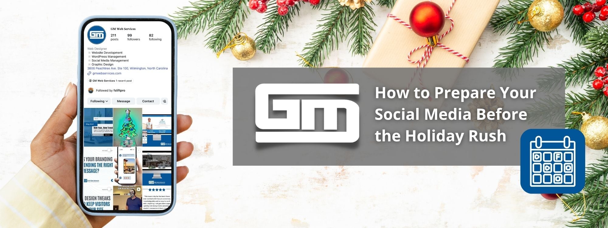 Hand holding smartphone showing social media profile, festive decor, text "How to Prepare Your Social Media Before the Holiday Rush," website design t