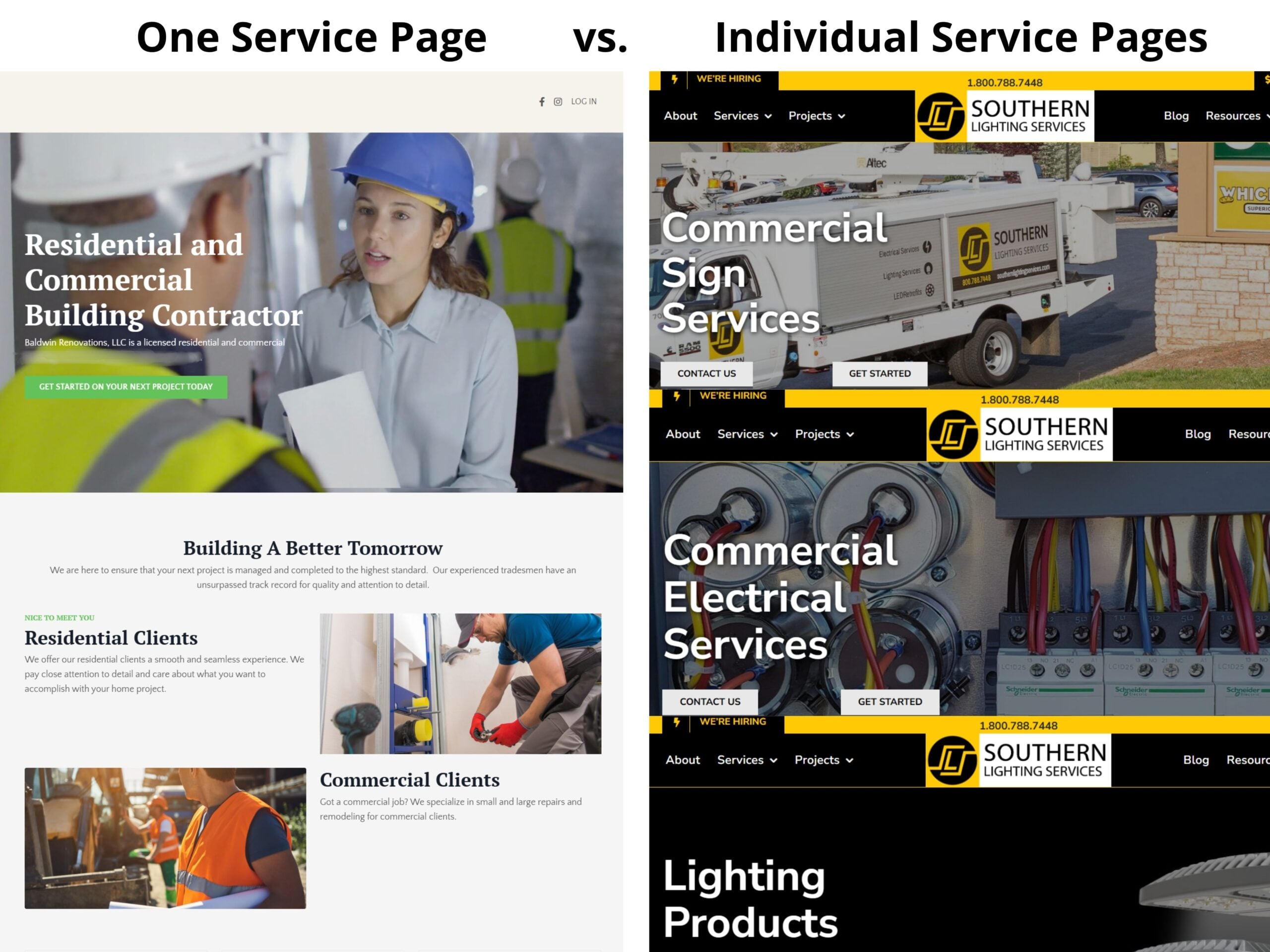 Comparison of website design: one service page versus individual service pages for contractors, highlighting different layouts and content focus.