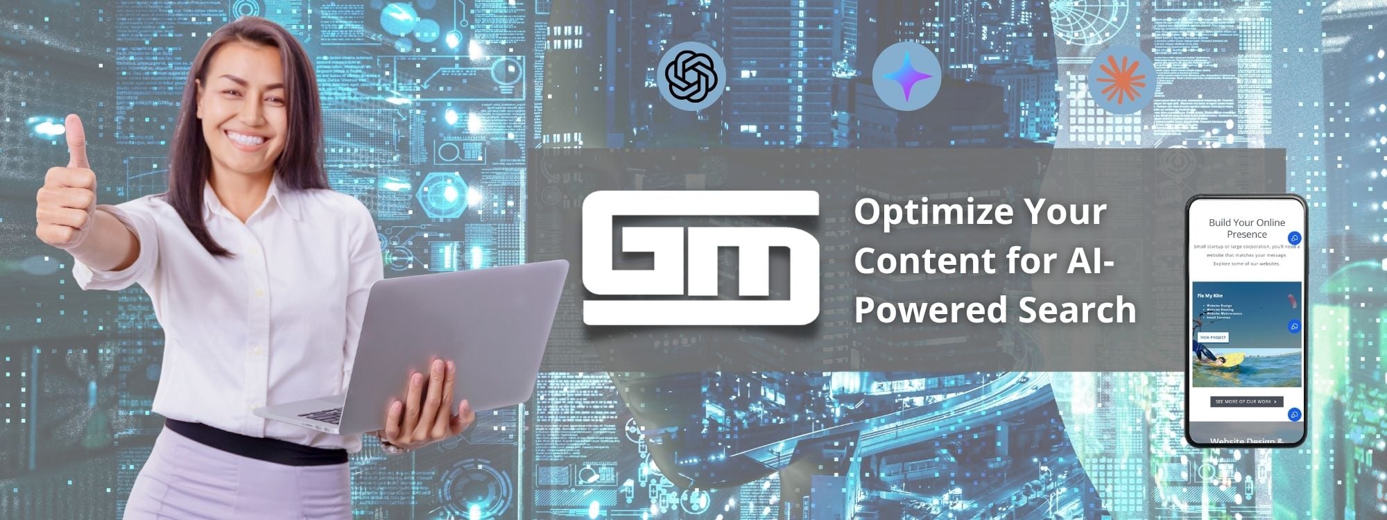 Smiling person holding laptop, thumbs up, text reads "Optimize Your Content for AI-Powered Search," background features digital elements and website d