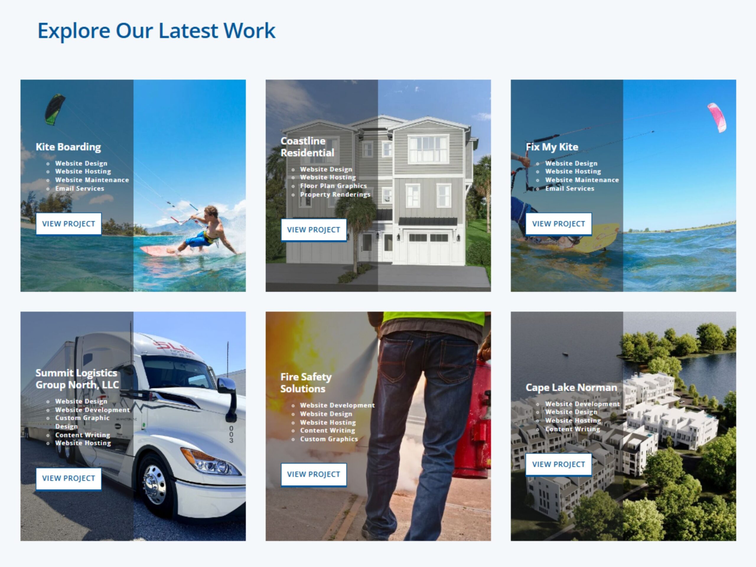 Grid showcasing project thumbnails in website design, featuring kiteboarding, residential, logistics, safety, and lakefront development services.