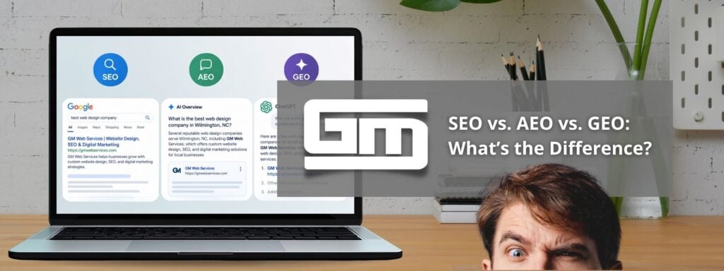 Laptop screen displaying SEO, AEO, GEO concepts with website design search results. Text overlay: "SEO vs. AEO vs. GEO: What's the Difference?"